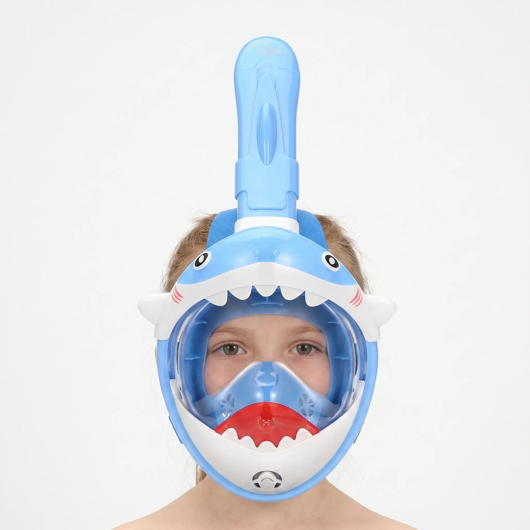 Children's shark full face snorkel mask, ideal for pool fun, beach adventures & outdoor swimming recreation.