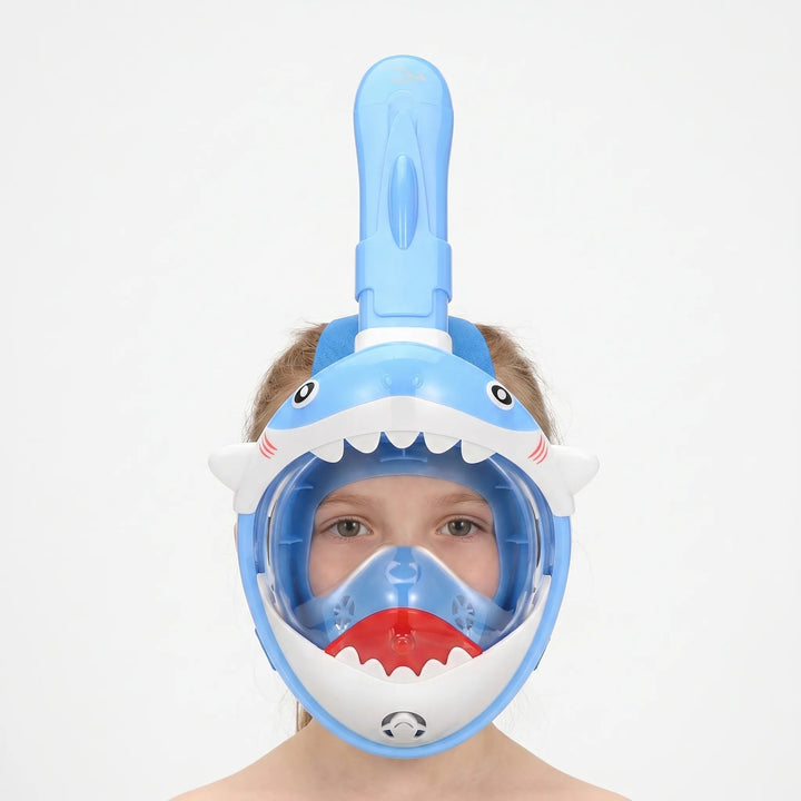 Children's shark full face snorkel mask, ideal for pool fun, beach adventures & outdoor swimming recreation.