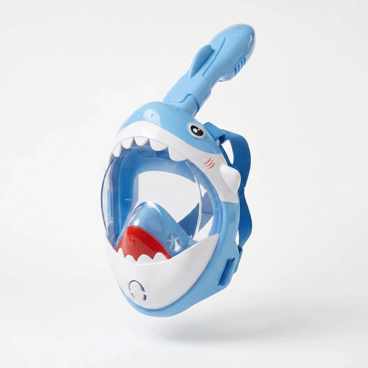 Durable kids' full face shark snorkel mask, essential snorkeling gear for young adventurers. Great for underwater exploration.