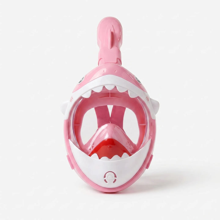 Easy-to-use kids' shark full face snorkel mask for clear breathing and wide view. Perfect children's snorkeling gear.
