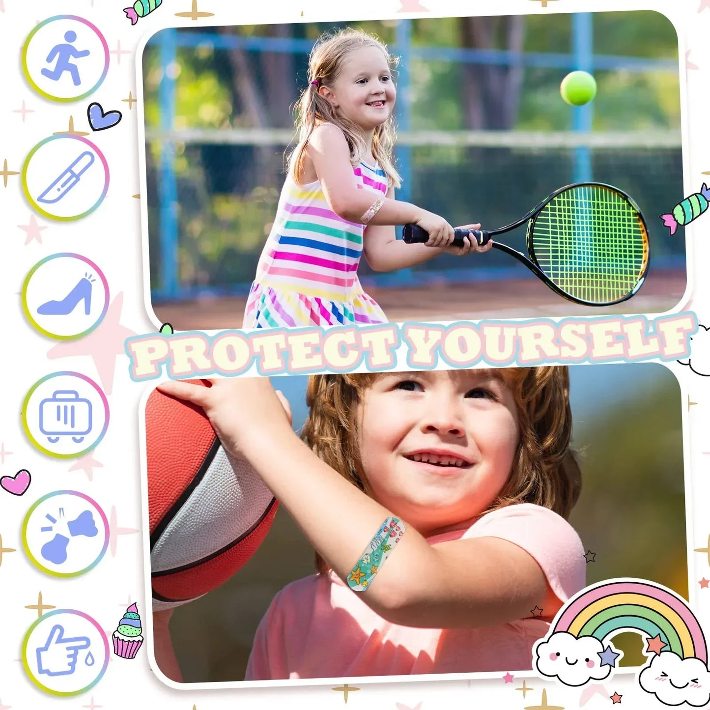 Assorted fun design bandages, a 100 count bulk pack for kids' first aid needs.