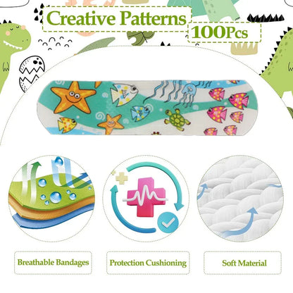Children's health essential: colorful cartoon bandages for minor cuts & scrapes.