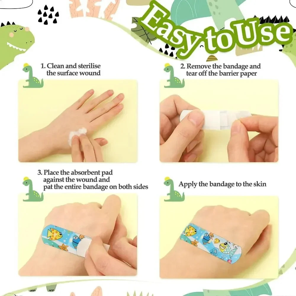 Medical supplies: 100 count bulk pack of kids' fun cartoon adhesive bandages.