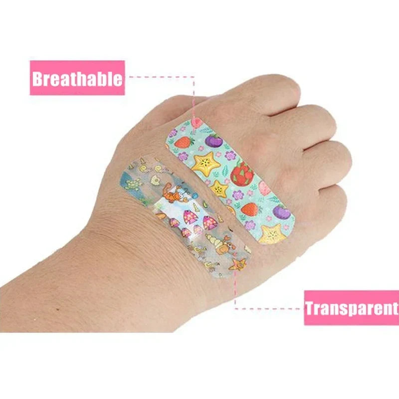 Stack of assorted fun design cartoon bandages for children's wound care.