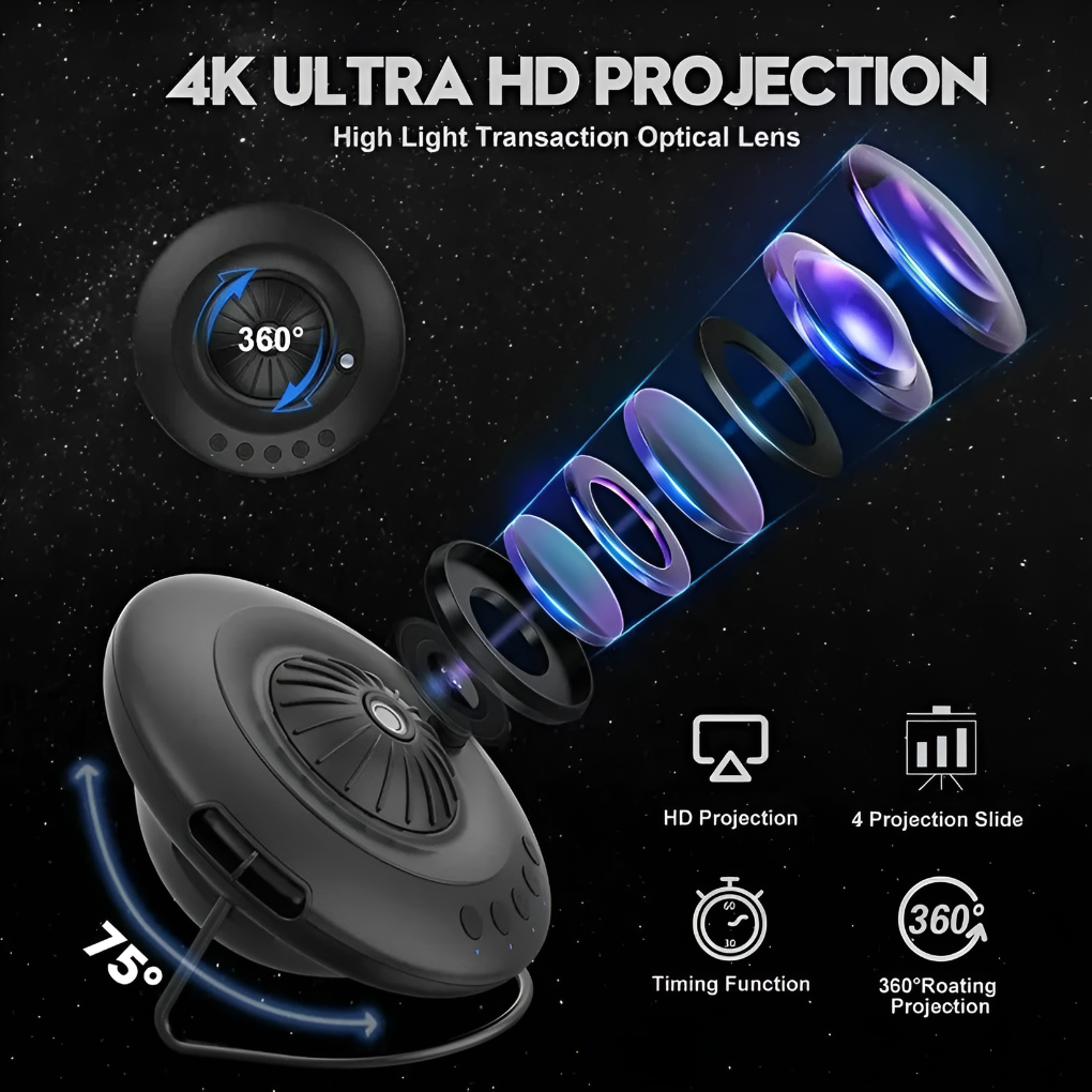 Kids' Galaxy Projector creating a starry night sky effect, perfect for a child's bedroom and ambiance lighting.