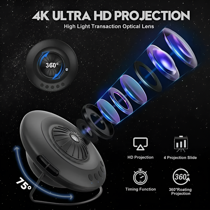 Kids' Galaxy Projector creating a starry night sky effect, perfect for a child's bedroom and ambiance lighting.