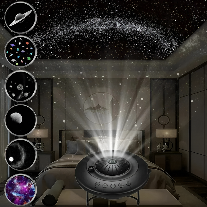 Vibrant starry night sky projected by a Kids' Galaxy Projector, transforming a room into a celestial planetarium.