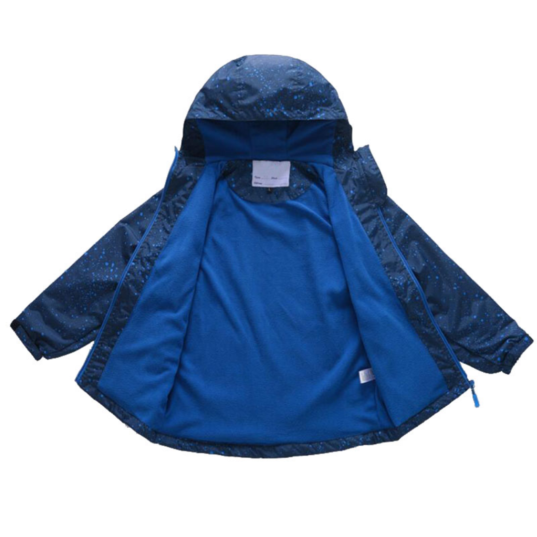 Waterproof hooded windbreaker for kids with vibrant galaxy print, durable playground wear