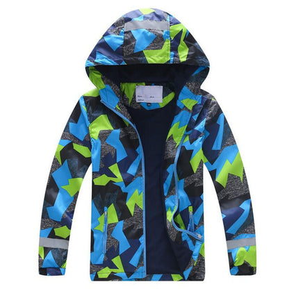 Fall/winter kids' windbreaker, galaxy print, hooded and waterproof for active children
