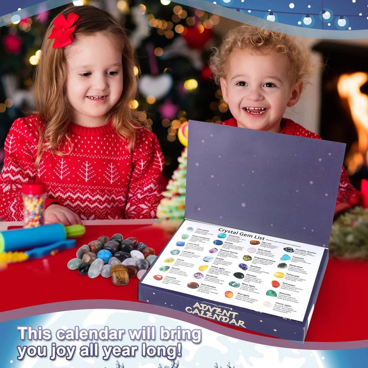 Educational Advent Calendar for children featuring gemstone excavation. Discover crystals daily! A perfect holiday gift.