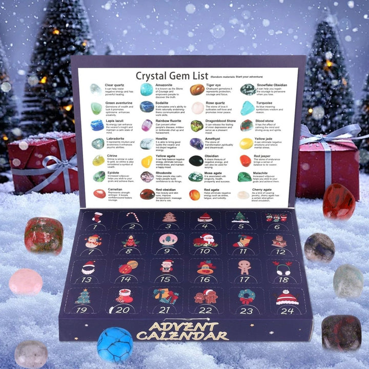Assorted polished gemstones & excavation tools from a Children's Gemstone Advent Calendar. Great geology science kit.