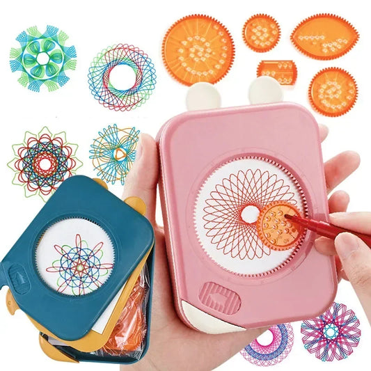 Kids geometric drawing kit with spirograph wheels, pens, and paper for creative art, educational toy.