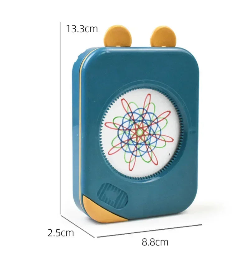 Colorful spirograph wheels and gears from the kids geometric drawing kit, promoting creative crafts and learning.