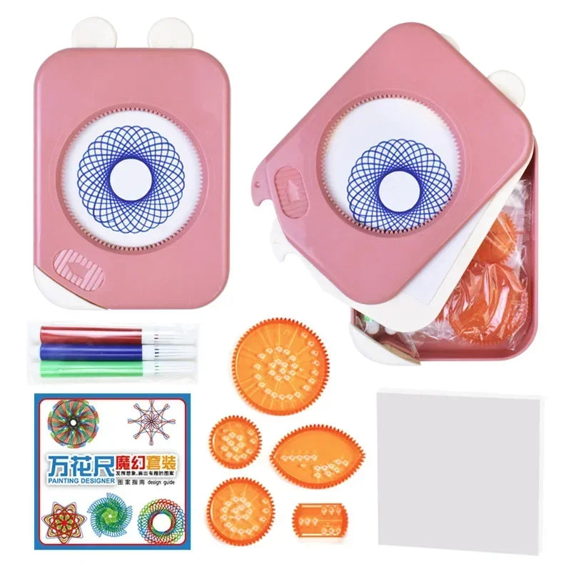 Geometric drawing kit box art showing children happily creating designs, a fun and educational activity for kids.
