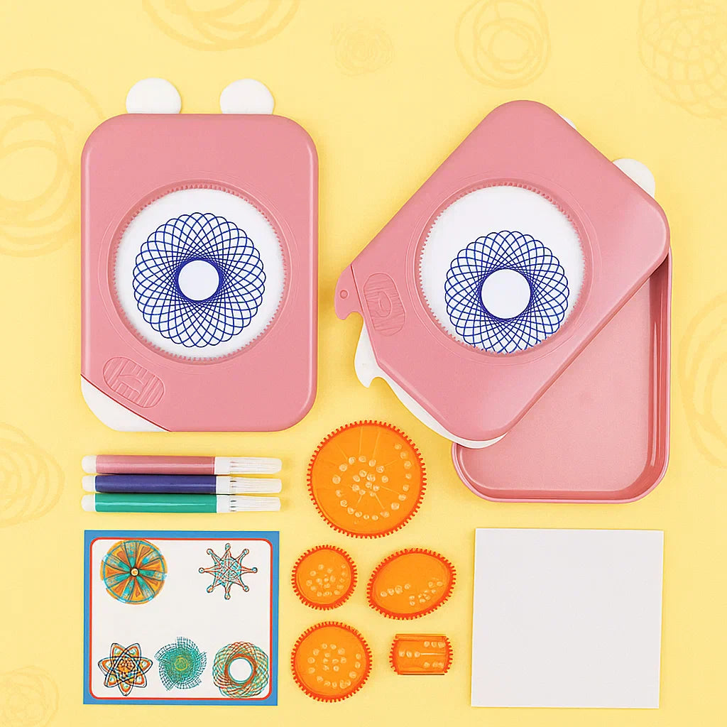 Variety of colored pens and geometric stencils included in the kids' creative art and craft set, a perfect gift.