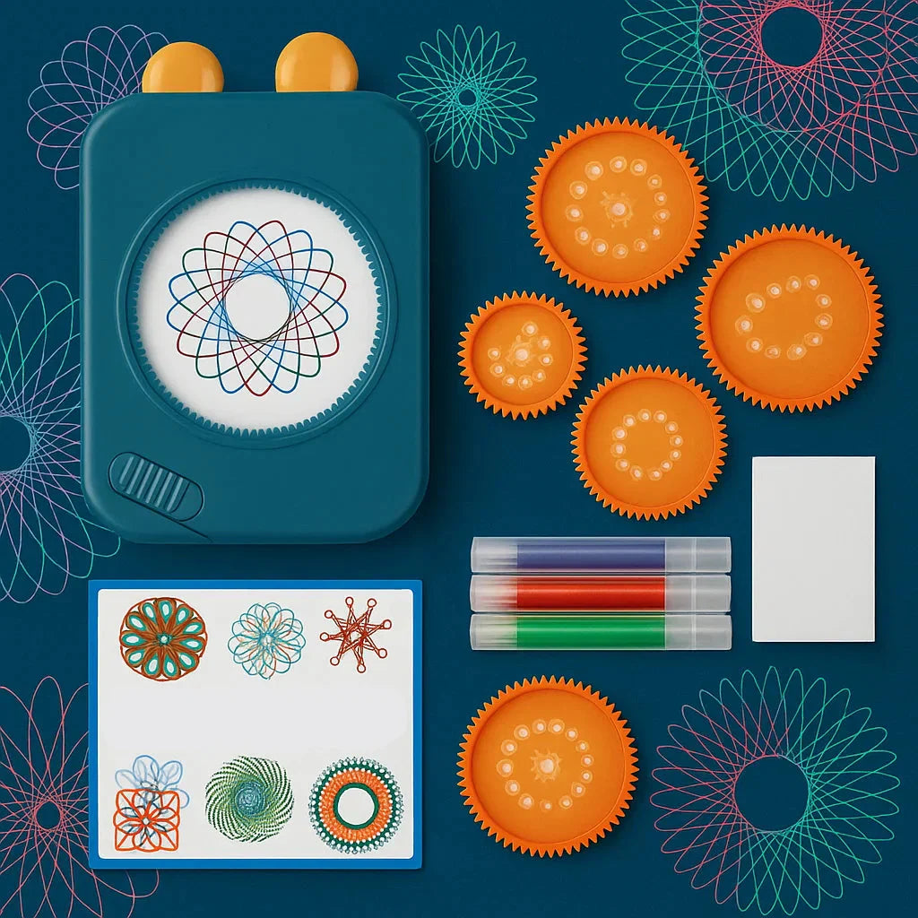 Overhead view of the complete kids geometric drawing kit with all accessories, an engaging educational art toy.