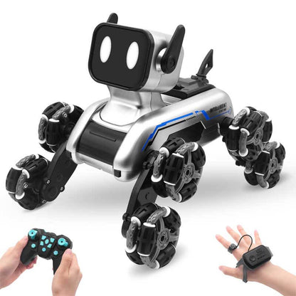 Kids' Gesture Sensing Stunt RC Dog Toy, white with black accents, performing a trick