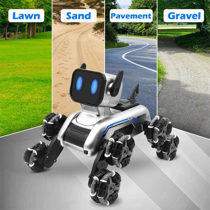 Close-up of the kids' gesture sensing robot dog toy with LED eyes, a perfect gift