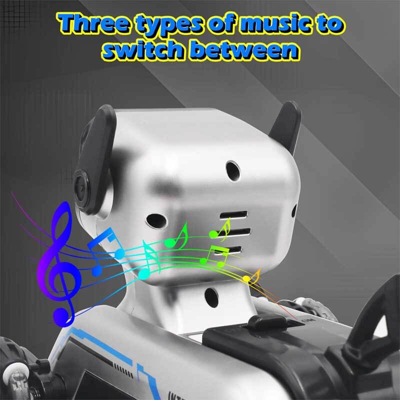 Boy playing with a white remote control robot dog, performing stunts with hand gestures