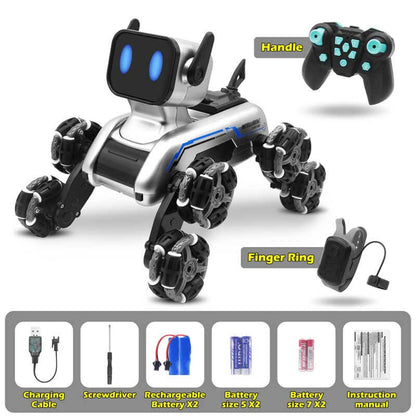 Action shot of the kids' stunt RC dog toy racing across the floor, 8 wheel drive