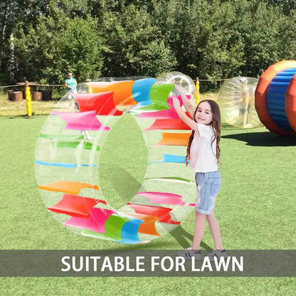 Vibrant rainbow inflatable water wheel roller, beach accessory & summer outdoor fun