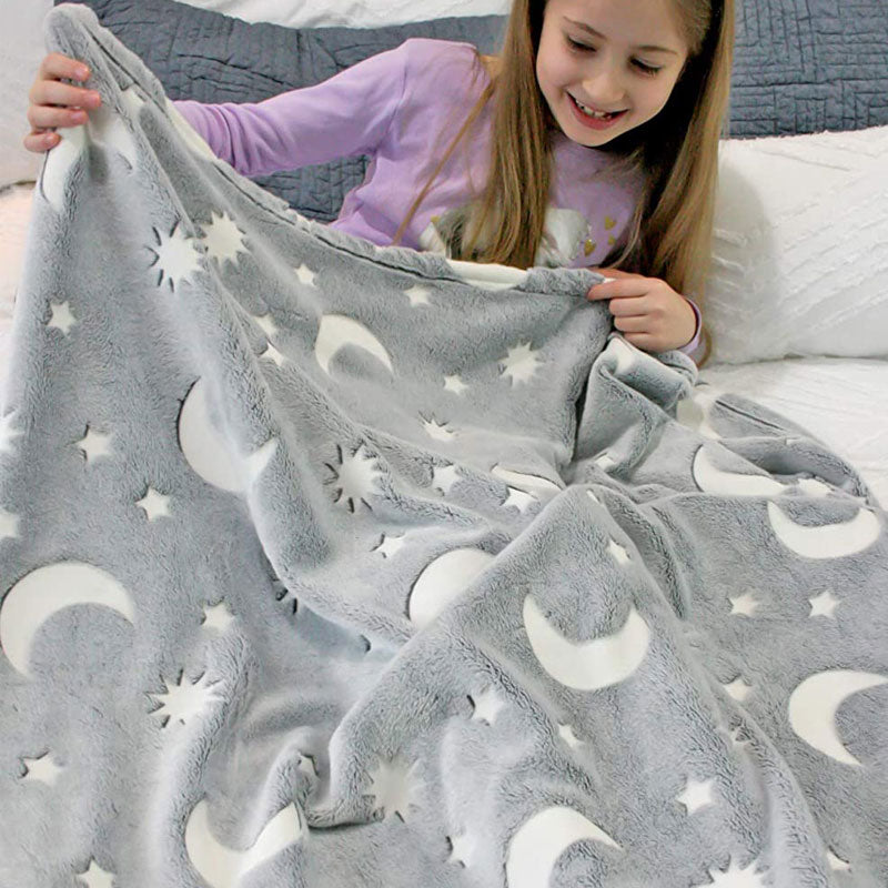 Photoluminescent sun & moon blanket for kids, cozy glow-in-the-dark bedroom decor