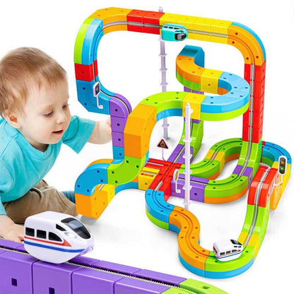 Kids Gravity-Defying Building Train Track Set, complete with colorful tracks and a toy train defying gravity, educational fun