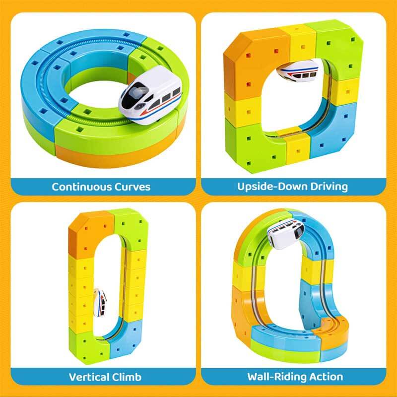 Educational Kids Train Set with gravity-defying tracks, promoting STEM skills and creative building for young engineers