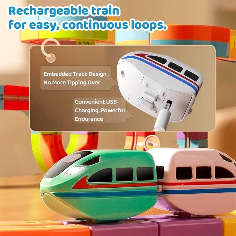 Close-up of the Gravity-Defying Train Track Set, highlighting a train navigating an anti-gravity section, engaging kids play