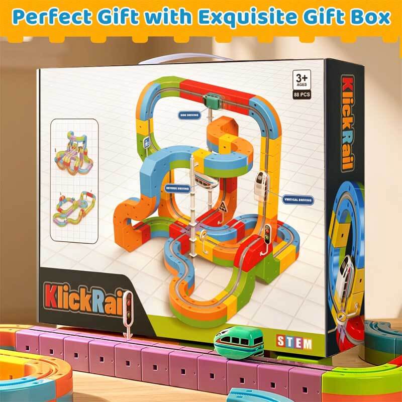 Anti-gravity Train Track Set for children, showing dynamic track configurations and a moving toy train, building fun