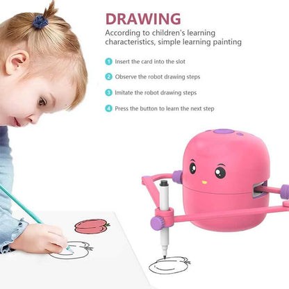 Green and pink drawing robot with art supplies, an ideal STEM toy for creative children.