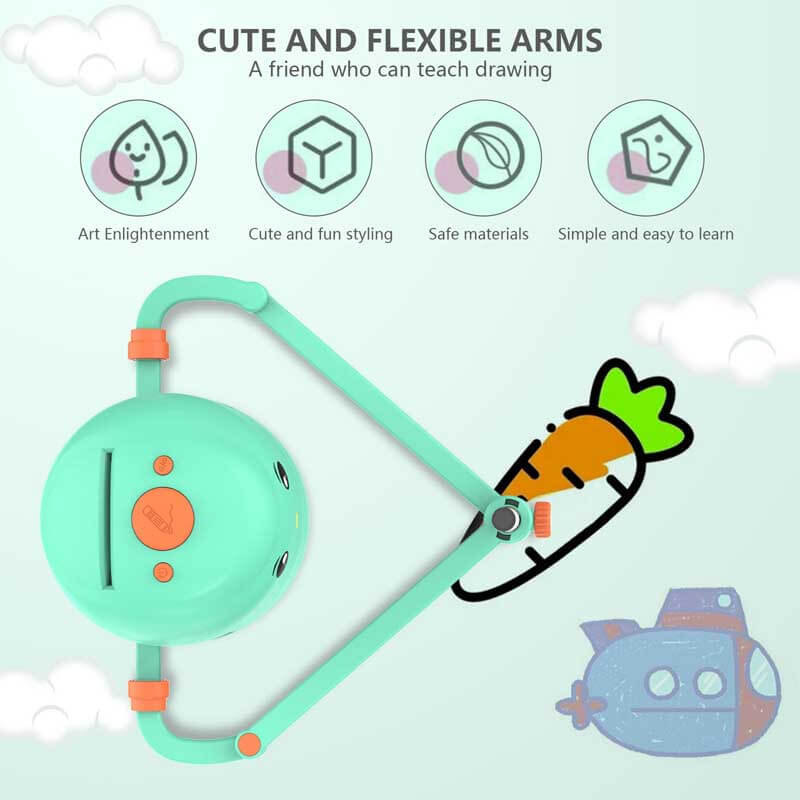 Green and pink drawing robot, perfect activity toy for kids' creative learning and artistic expression.