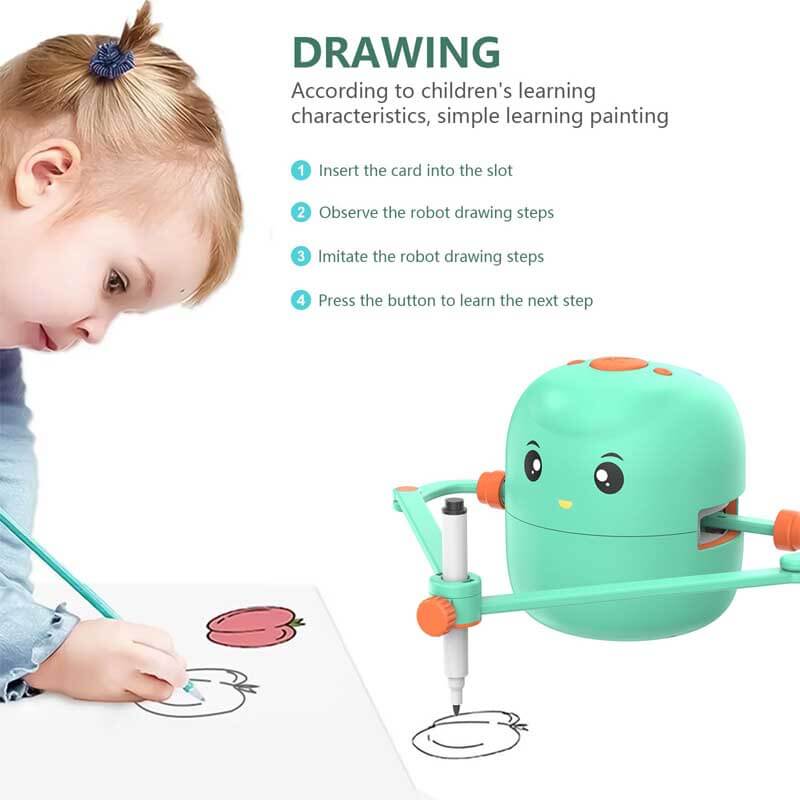 Close-up of a green and pink drawing robot, an engaging educational toy for young artists.