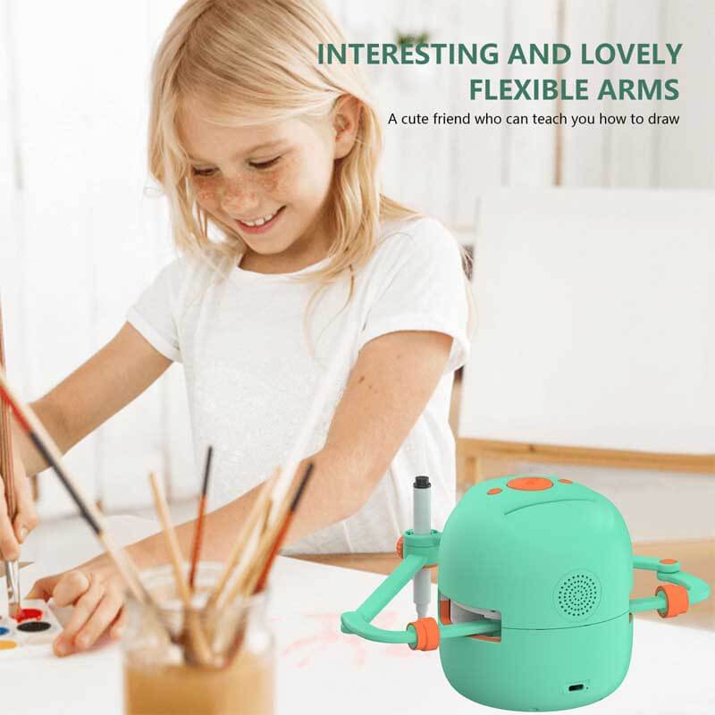 Kids' drawing robot in green and pink, promoting creative play and STEM skills development.