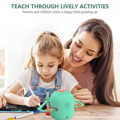 Child interacts with a green and pink educational drawing robot, a unique children's gift.