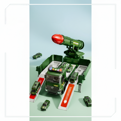 Kids' green military truck toy with rocket launcher, perfect for imaginative play.