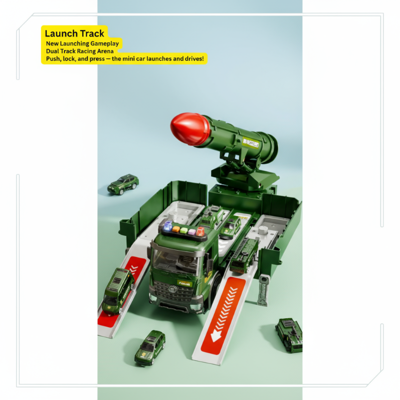 Durable military truck toy for kids, featuring a mounted rocket launcher for dynamic play.