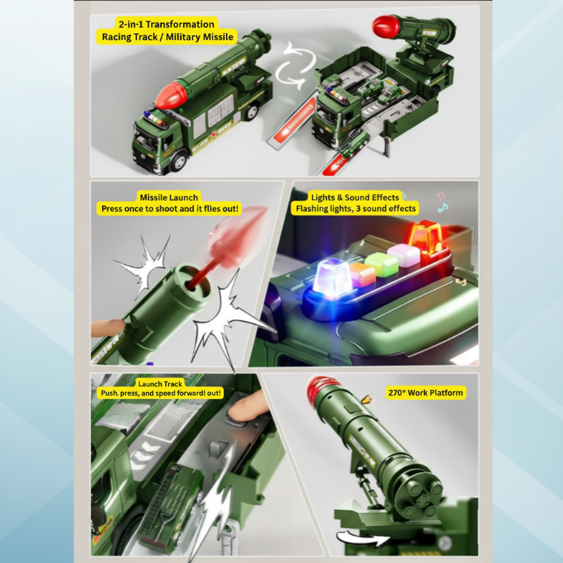 Close-up of a kids' toy military truck's rocket launcher, ready for action.