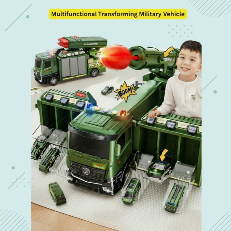 Child playing with a military truck toy, launching rockets for outdoor fun.