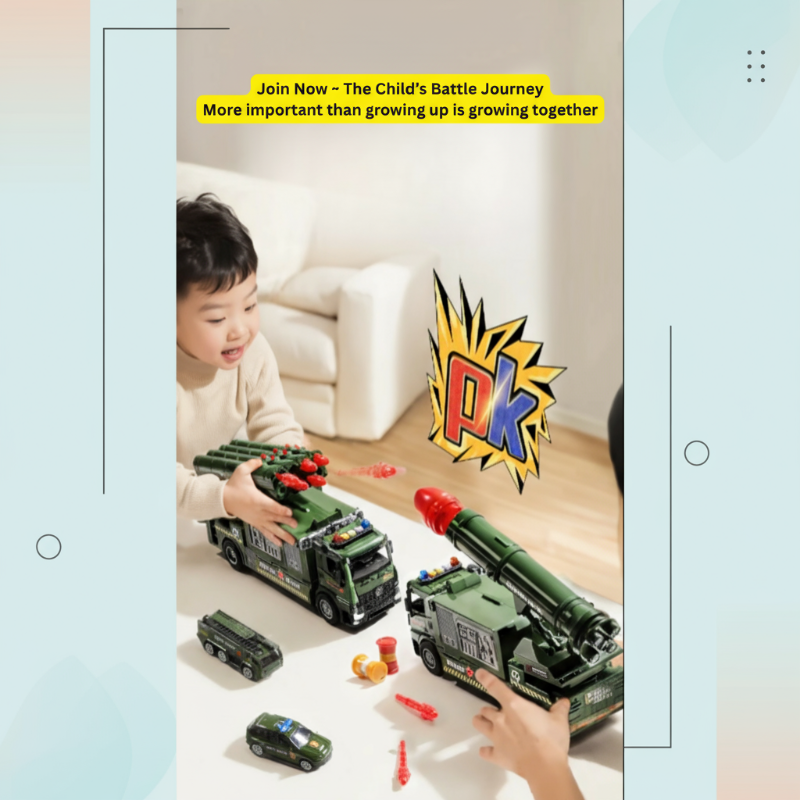 Detailed view of a kids' military vehicle toy, including its rotating rocket launcher.