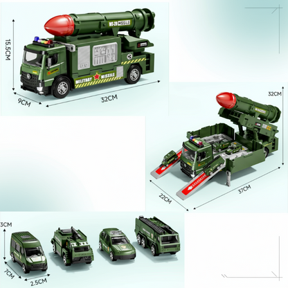 Toy military truck and rocket launcher set, designed for robust kids' playtime adventures.