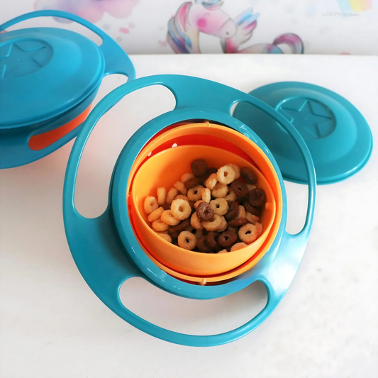 Kids' gyroscopic spill-proof snack bowl in blue, perfect for toddlers and portable feeding.