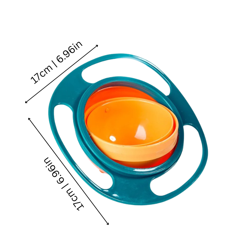 BPA-free gyroscopic snack bowl for kids, designed to prevent spills during snack time.