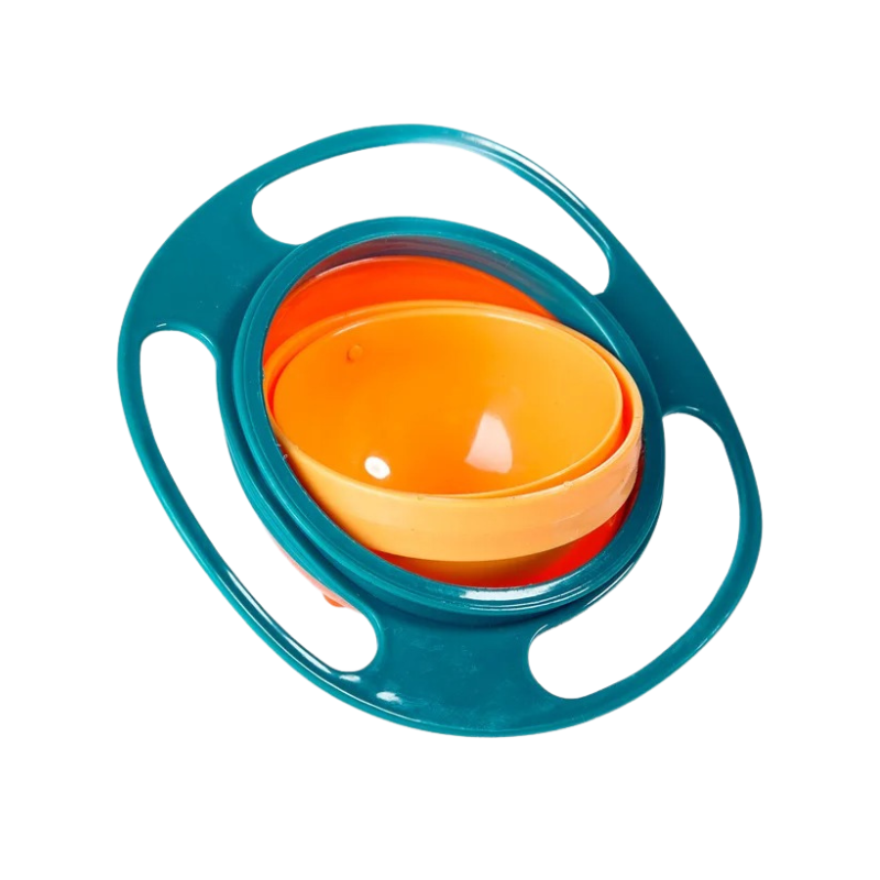 Close-up of the innovative gyroscopic mechanism inside a kids' spill-proof snack bowl.