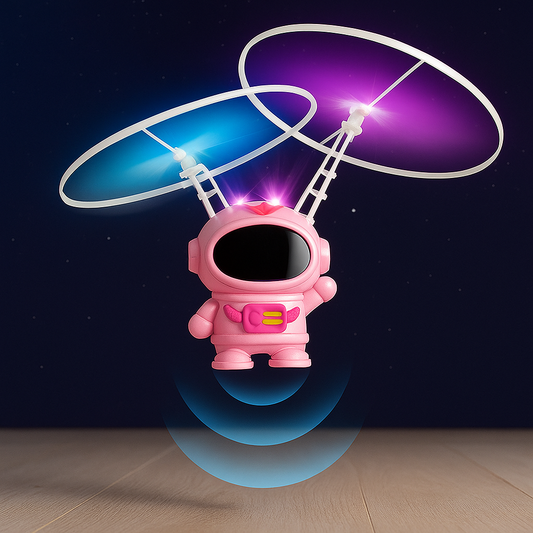 Kids' hand-controlled glowing astronaut toy flying mid-air with LED lights, indoor fun.
