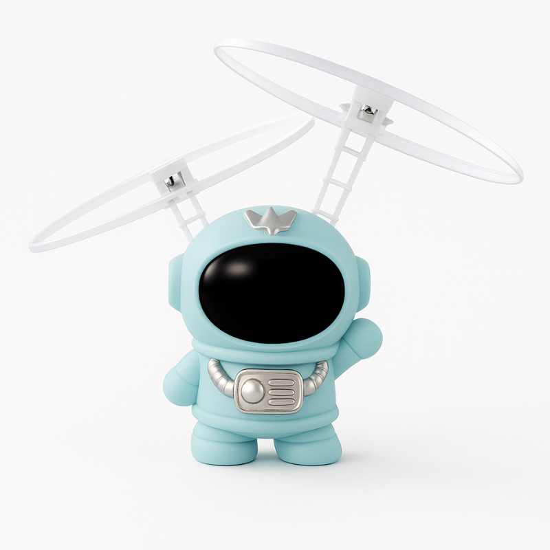 Flying astronaut toy glowing orange and blue, hand-controlled, perfect for kids' playtime.