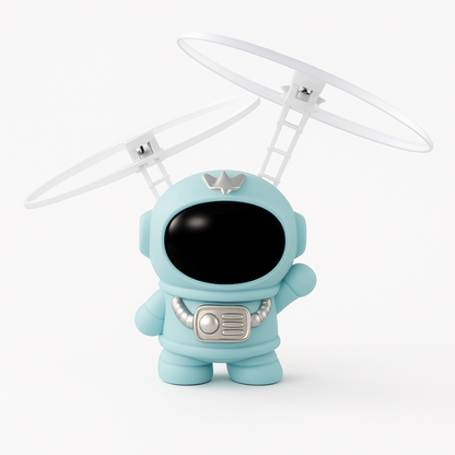 Flying astronaut toy glowing orange and blue, hand-controlled, perfect for kids' playtime.