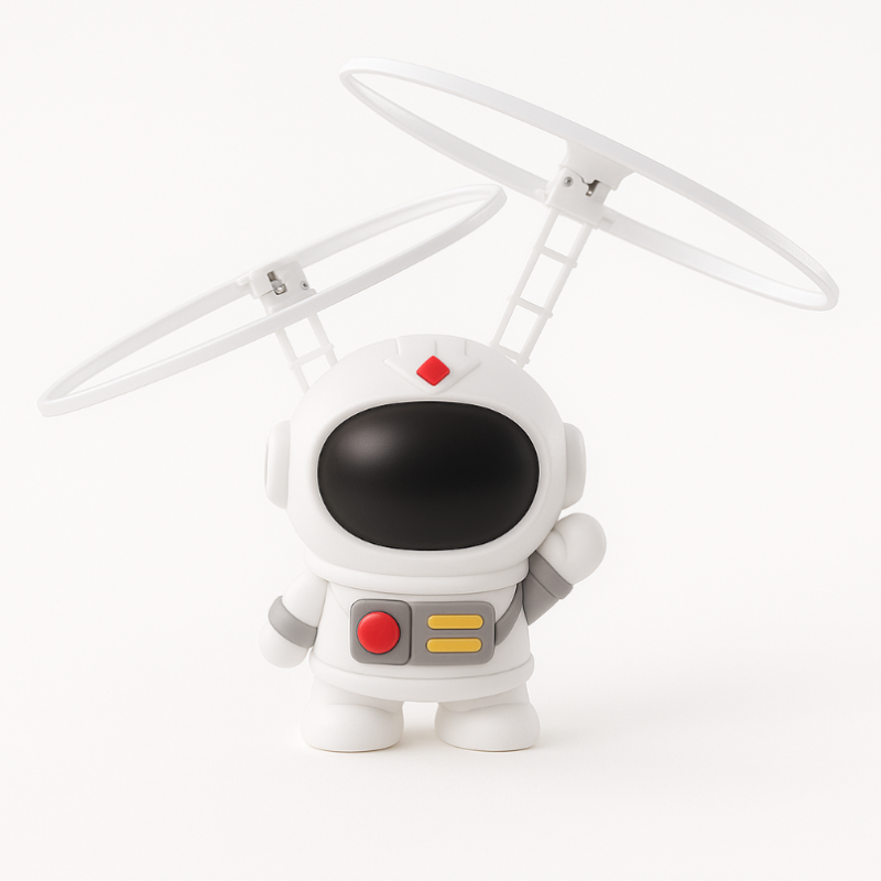 Futuristic glowing astronaut toy, hand-controlled, hovering, engaging kids' imagination.