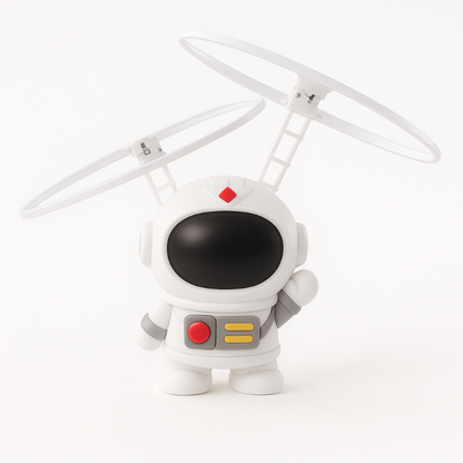 Futuristic glowing astronaut toy, hand-controlled, hovering, engaging kids' imagination.