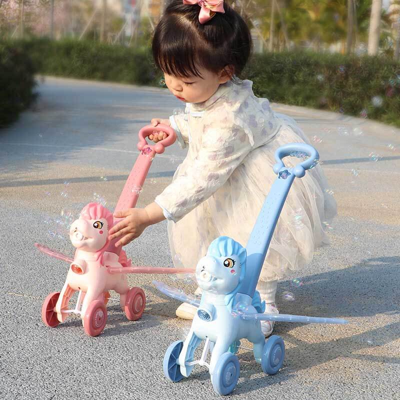 Kids' hand push pony bubble machine, bright blue with pink wheels, perfect for outdoor play